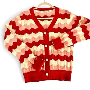 Women's Red and Cream Striped Button Cardigan Sweater
